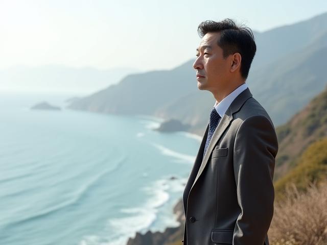 항구의 추억 창립자가 부산 해변을 바라보고 있는 사려 깊은 모습