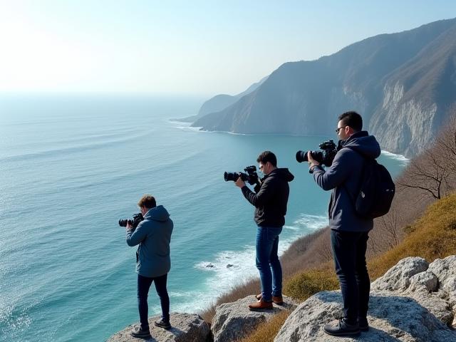 해안 절벽에서 사진작가가 참가자에게 카메라 촬영 기술을 설명하는 모습