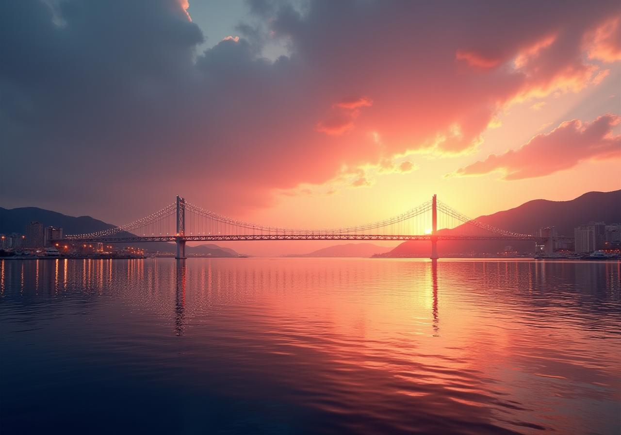 부산 광안대교와 항구가 황혼에 물든 모습